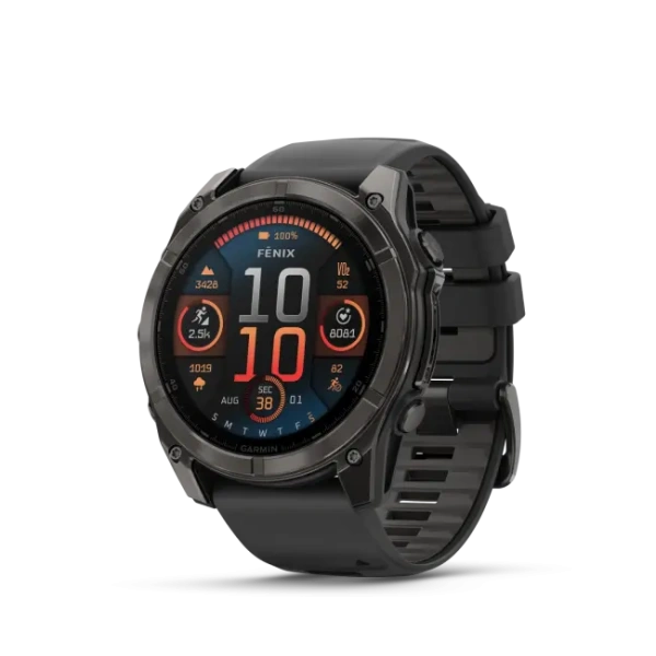 Garmin Fenix ​​8 — AMOLED, 51 мм — сапфировый карбоновый серый DLC, титановый, с силиконовым ремешком черно/серого цвета 010-02905-21 от прозводителя Garmin